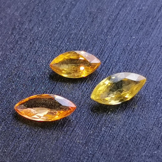 Lotto di 3 Zaffiri giallo arancio taglio marquise 1,15 ct totali